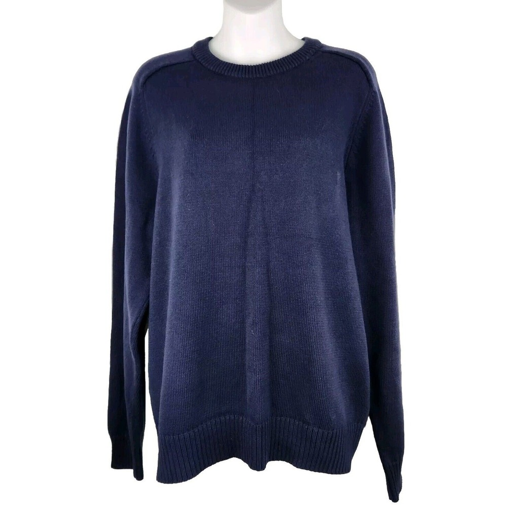 J.Crew Knit Crewneck Sweater Mens L Navy Blue Solid Classic Preppy Ribbed Trim